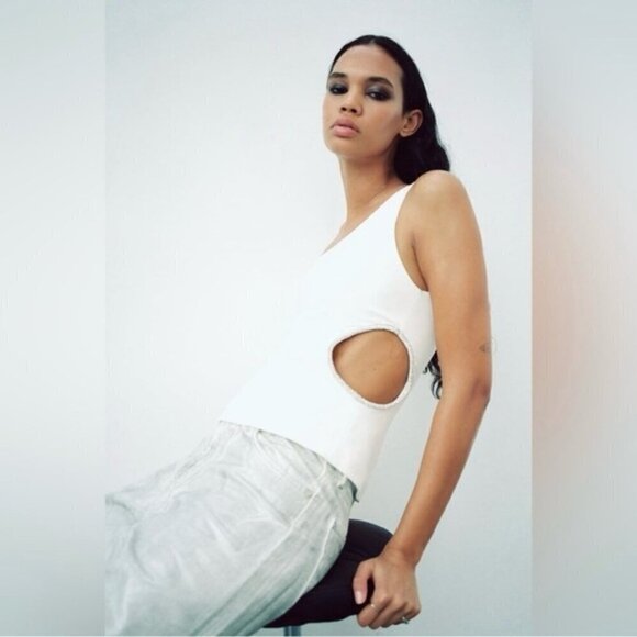 Zara - Ladies One Shoulder Asymmetric Rhinestone Top-White. Size: M. NWT. (1431) - Picture 8 of 14